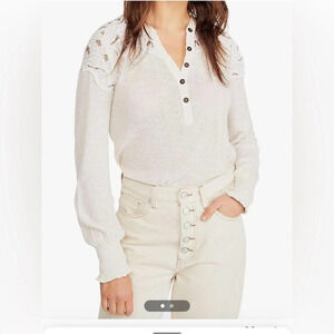 Free People Womens XS Easy Breezy Long Sleeve Henley Floral Shoulder Lace Top‎